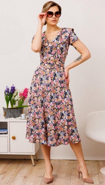 Мода Юрс Платье 2690 Розовый + цветы 